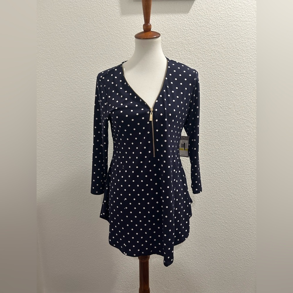Chaus Navy and White Polka Dot Long Sleeve Dress